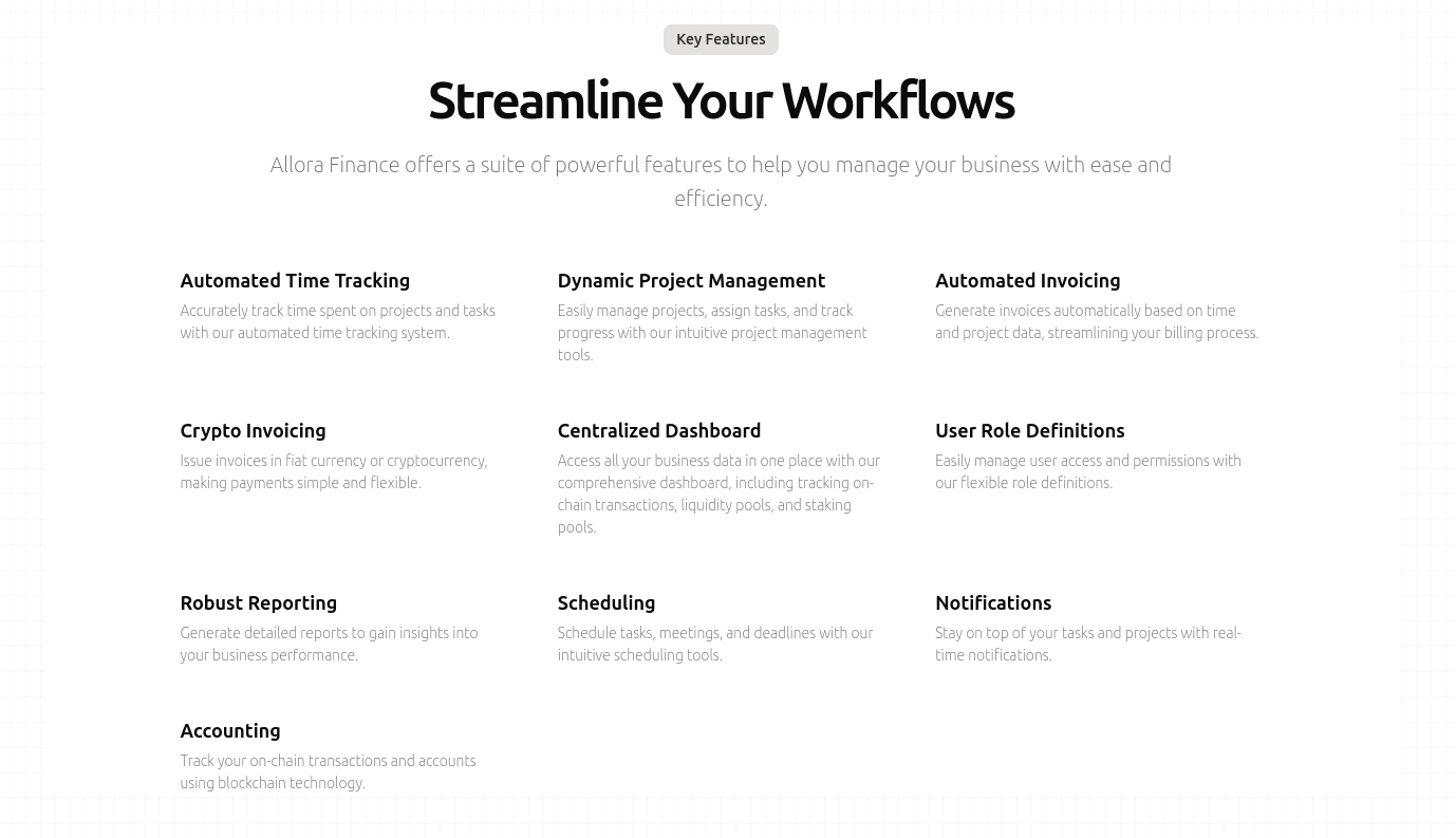 Key features of Allora Finance platform